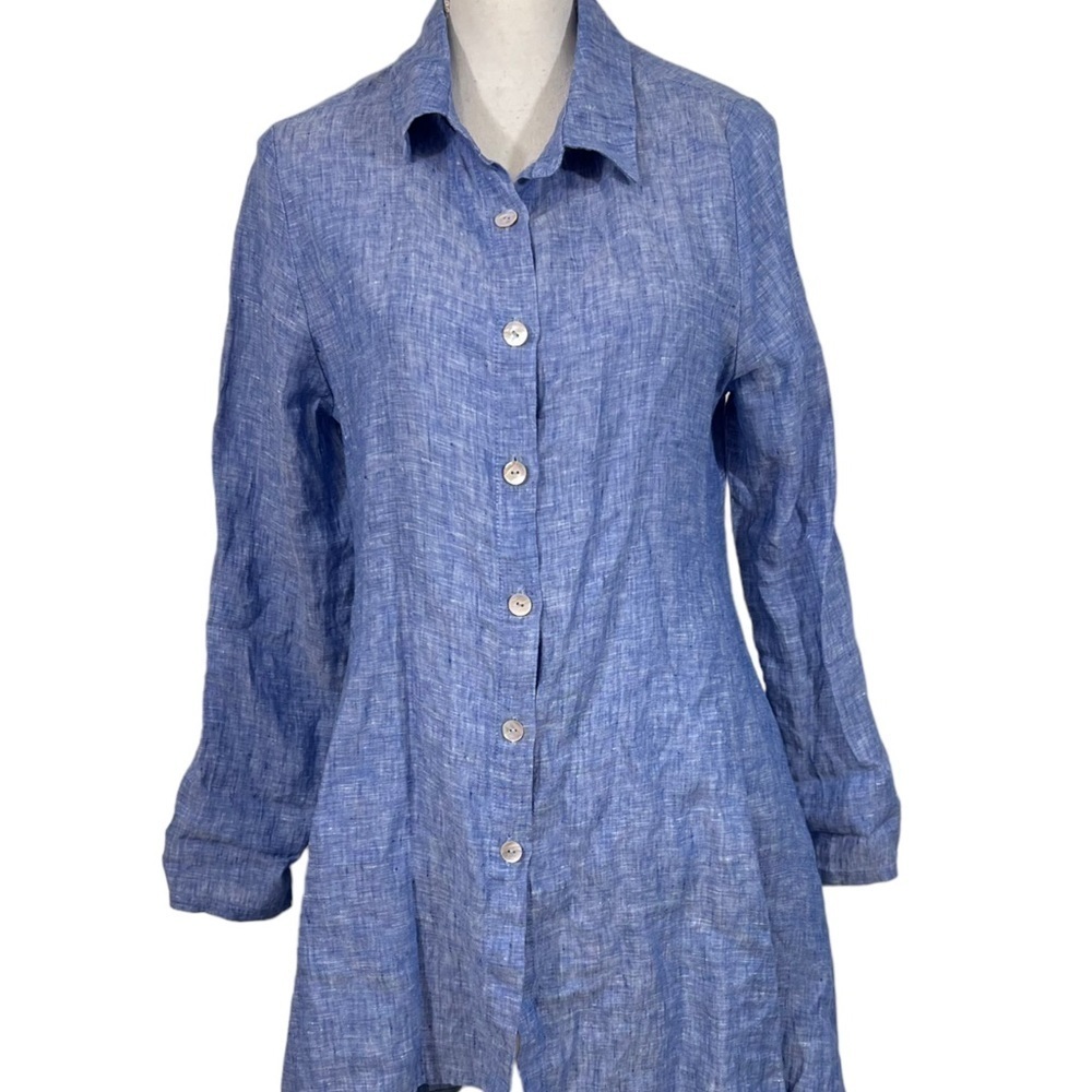 Chalet et Ceci Women’s Medium Blue Linen Lagenlook Tunic A Line Swing Hi Lo Hem - Picture 2 of 9